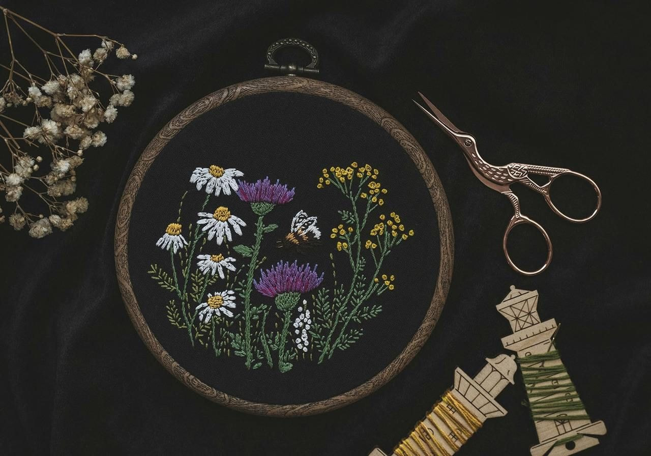 Cross stitch artwork featuring colorful wildflowers and bees, showcasing nature's beauty in intricate detail.